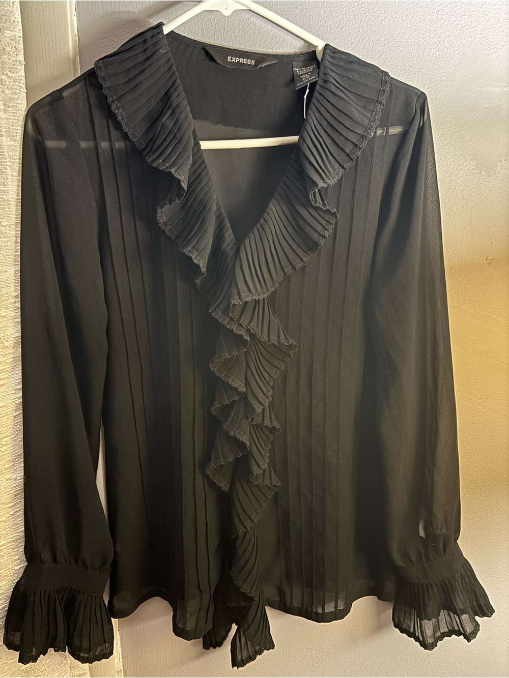 Express Black Pleated Ruffle-Front Sheer Blouse